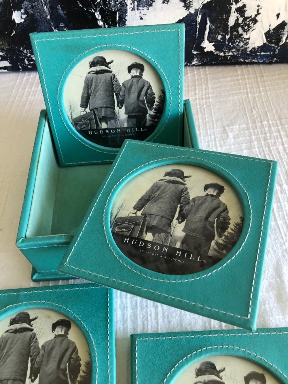 Hudson Hill Turquoise Leather Frame Coasters, Set of 4